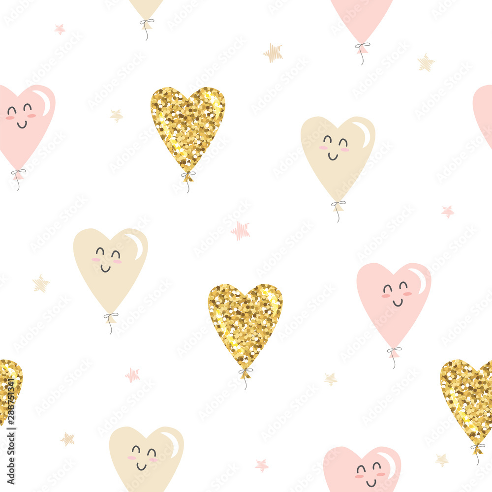 Kawaii heart balloons seamless pattern background. Gold glitter, pastel pink and beige colors. For Valentines day, birthday, baby shower, holidays design. Vector