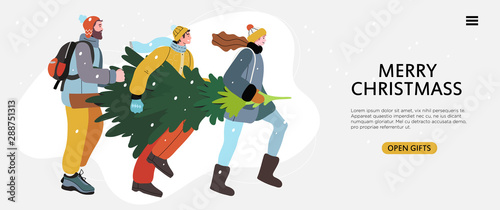 People walking with a christmas tree in their hands and hurrying to decorate it at home or office. Christmas theme banner, flyer or landing page with happy men and woman looking forward for a holiday.