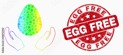 Dot bright spectral egg care hands mosaic icon and Egg Free seal. Red vector round grunge watermark with Egg Free message. Vector collage in flat style.