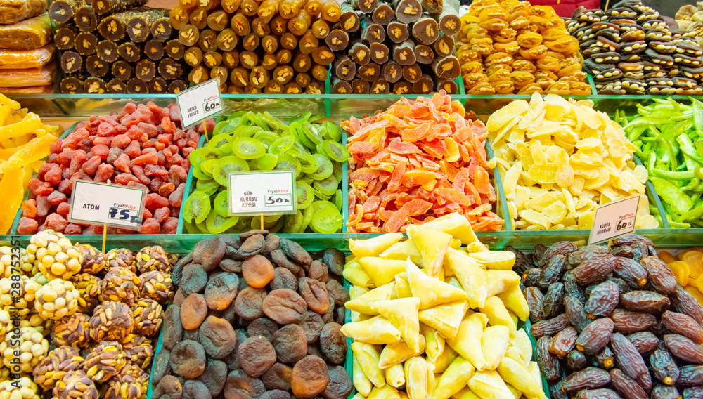 Turkish delight sweets, fruits, nuts at Spice Market or Grand Bazaar in  Istanbul Turkey Stock Photo | Adobe Stock