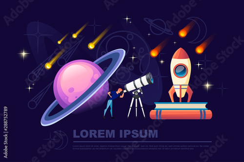 Man looking through a white telescope with falling stars on night sky background flat vector illustration planetarium design horizontal banner