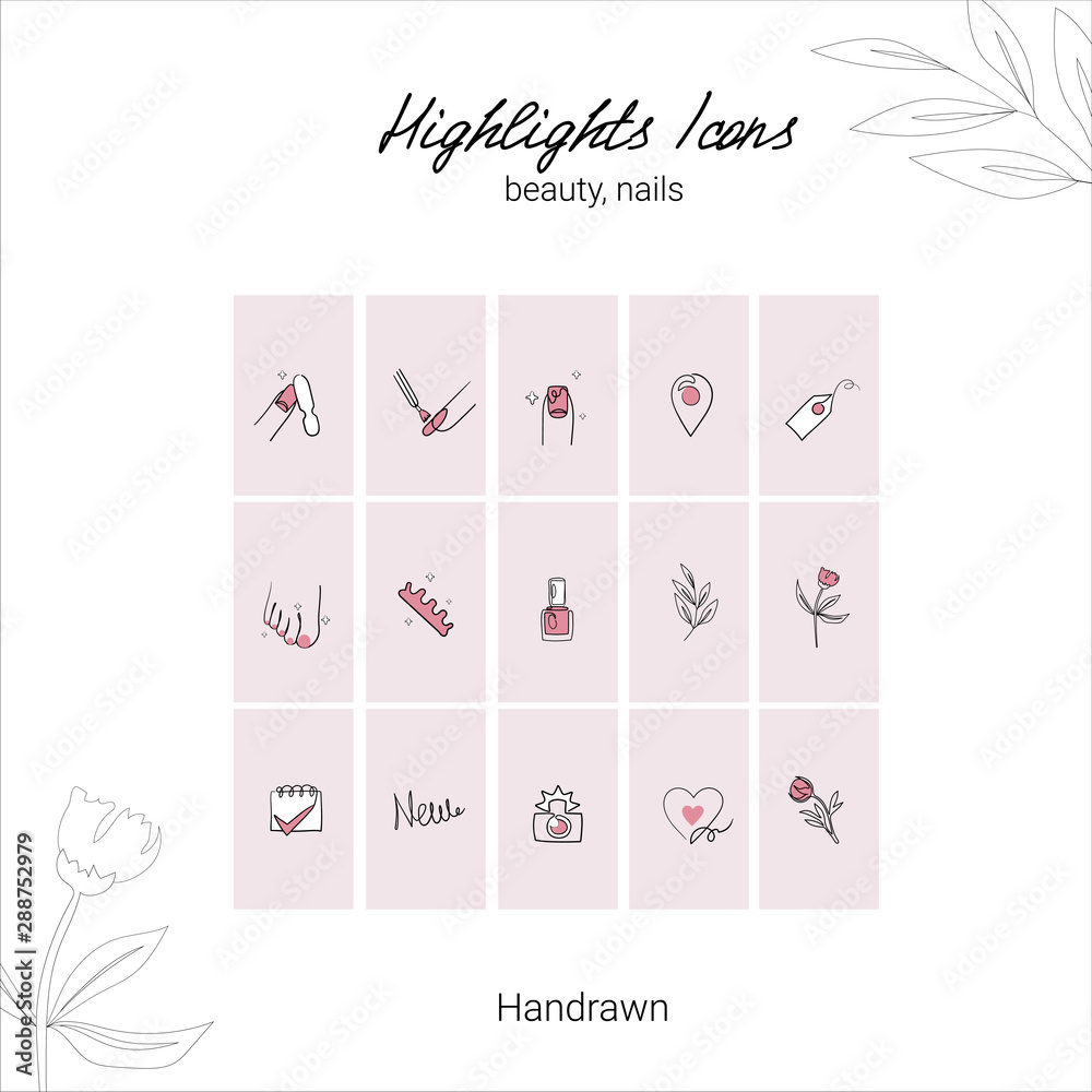 Highlights Stories Covers line Icons for nail salon, beauty salon.