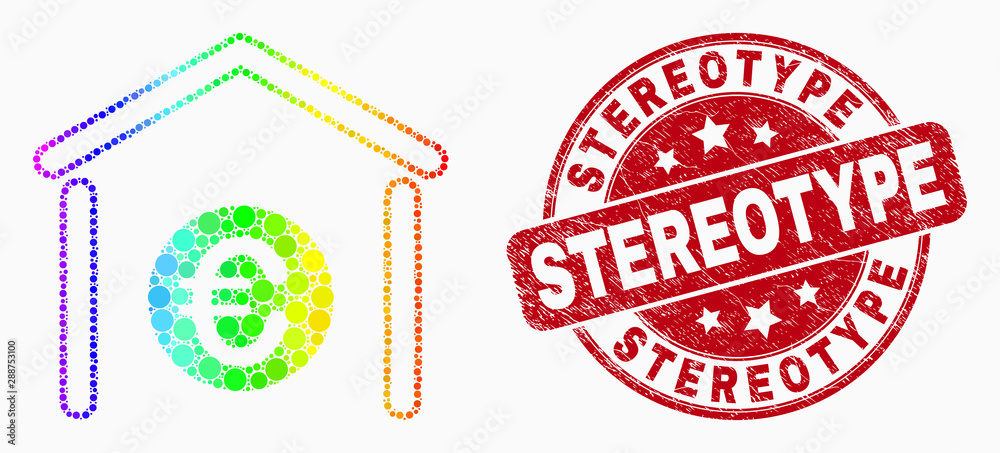 Pixelated rainbow gradiented euro bank mosaic icon and Stereotype seal stamp. Red vector rounded grunge seal stamp with Stereotype text. Vector composition in flat style. Pixelated rainbow gradiented euro bank mosaic icon and Stereotype seal stamp. Red vector rounded grunge seal stamp with Stereotype text. Vector composition in flat style.