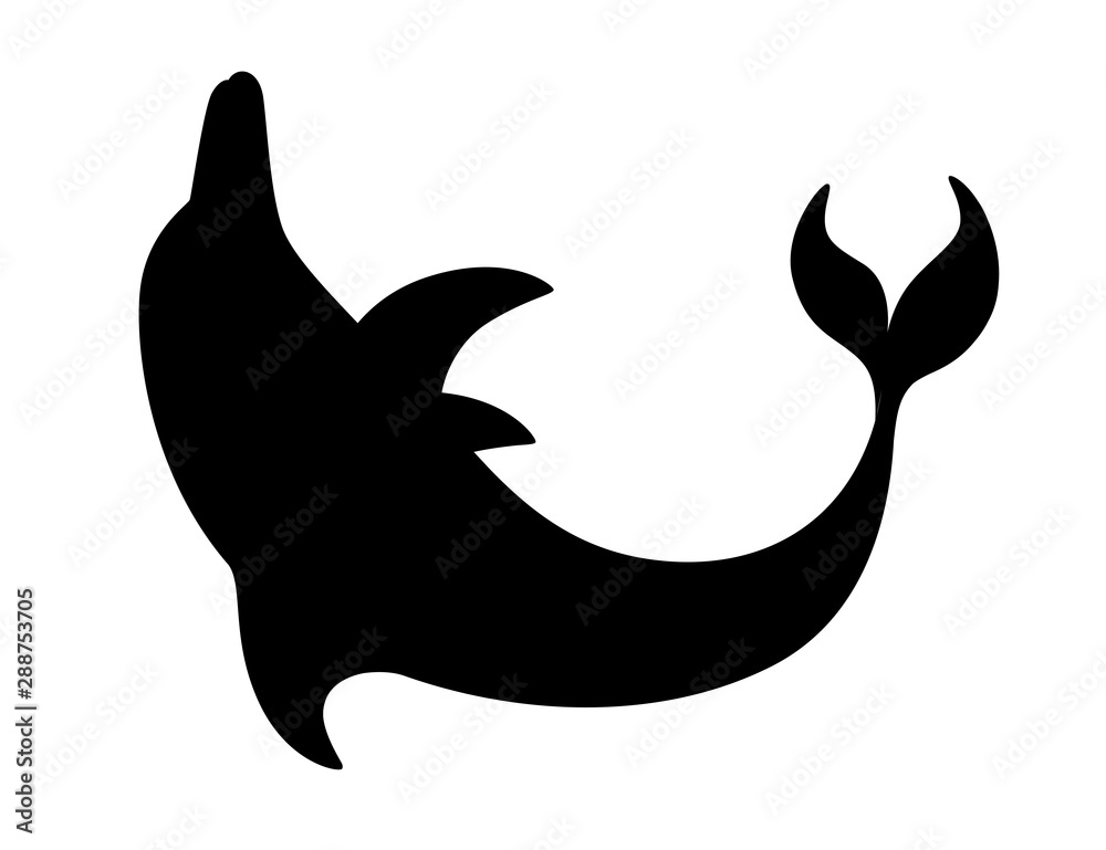 Black silhouette dolphin cartoon sea animal design flat vector illustration isolated on white background