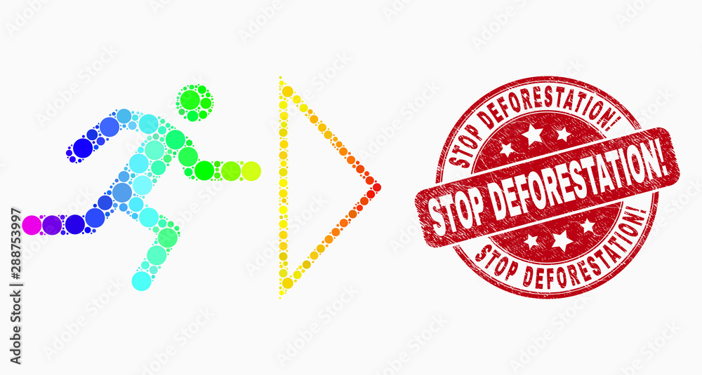 Pixel rainbow gradiented exit person mosaic icon and Stop Deforestation! seal stamp. Red vector round textured seal stamp with Stop Deforestation! title. Vector composition in flat style.