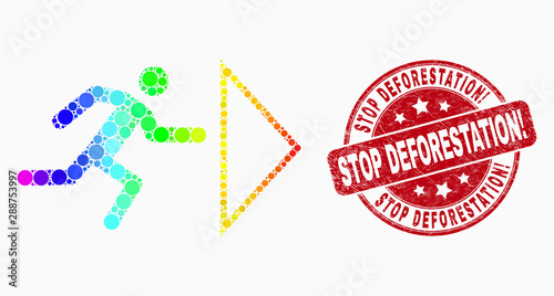 Pixel rainbow gradiented exit person mosaic icon and Stop Deforestation! seal stamp. Red vector round textured seal stamp with Stop Deforestation! title. Vector composition in flat style.