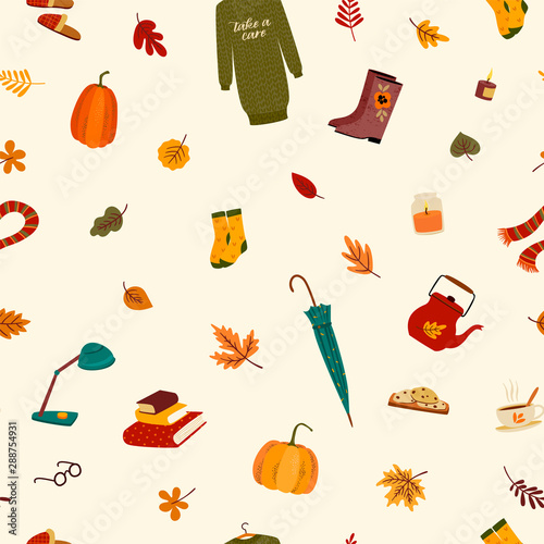 Fall seamless pattern with cute things and autumn leaves