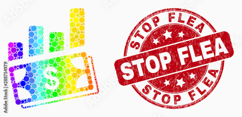 Dot bright spectral financial charts mosaic icon and Stop Flea seal stamp. Red vector round distress seal stamp with Stop Flea phrase. Vector composition in flat style.
