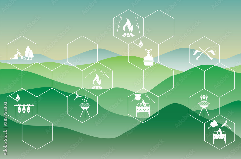 Fototapeta premium Poster with Set of travel and camping equipment icons
