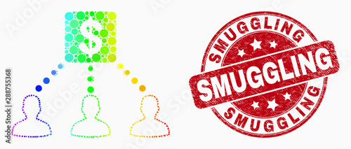 Pixelated rainbow gradiented financial clients links mosaic pictogram and Smuggling seal stamp. Red vector round grunge seal stamp with Smuggling text. Vector collage in flat style.