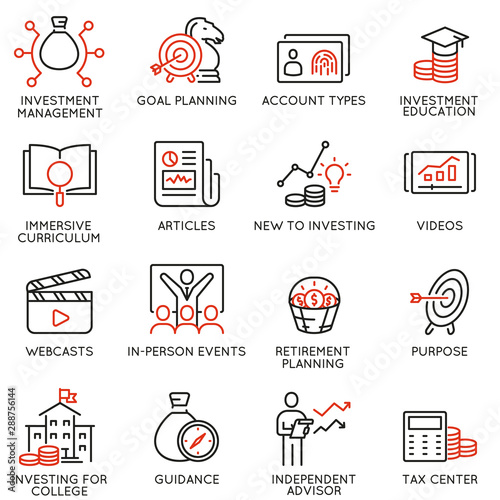 Vector set of linear icons related to investment, financial advice and business management. Mono line pictograms and infographics design elements - part 5
