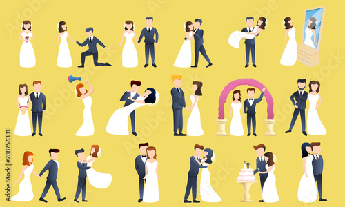 Bride icons set. Cartoon set of bride vector icons for web design