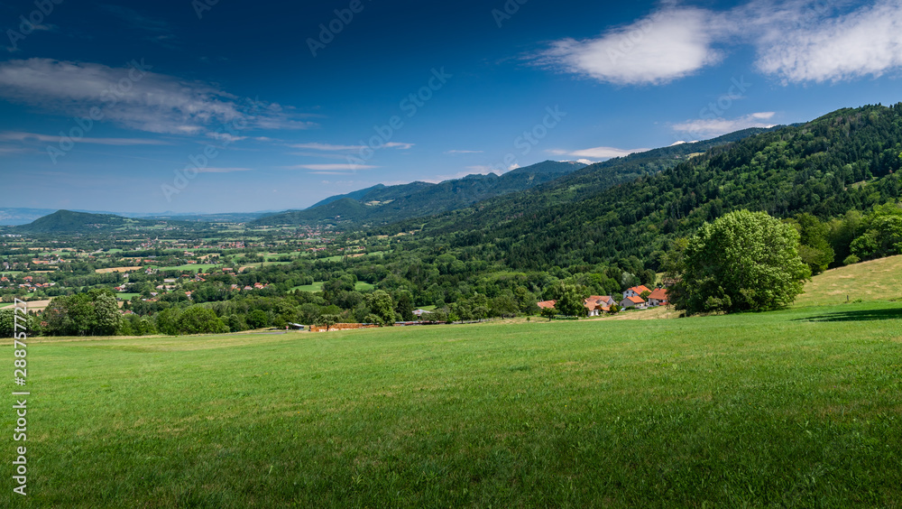 Nature and landscape concept: mountain hill landscape overgrown with forests and country houses with blue sky,focus area on country houses.Haute-Savoie in France.