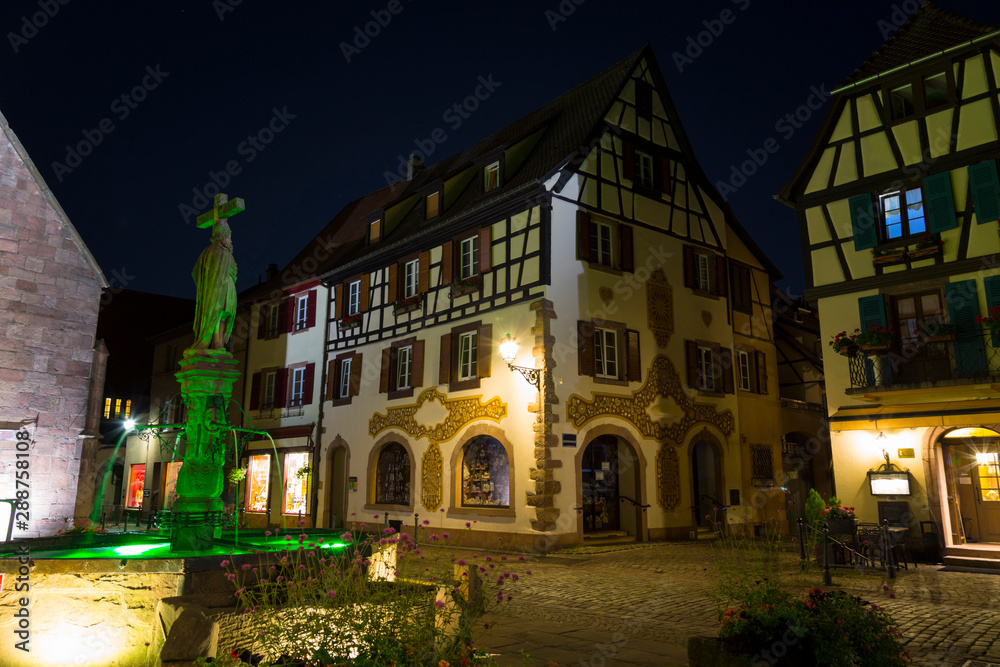 Fairytale town. Kaysersberg at night. Alsace Wine Route. France.