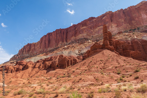 Capitol Reef National Park low angle landscape of colorful stone mountain side