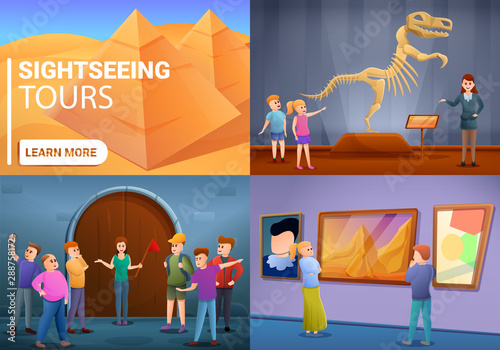 City excursion banner set. Cartoon illustration of city excursion vector banner set for web design