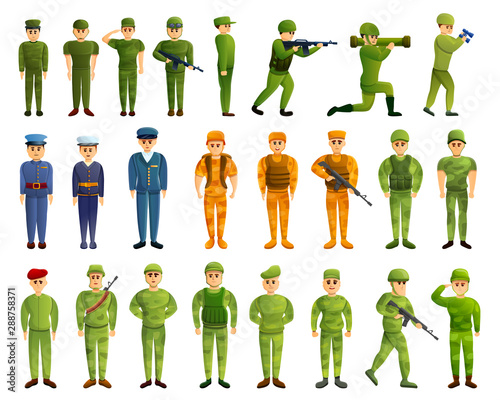 Soldier icons set. Cartoon set of soldier vector icons for web design