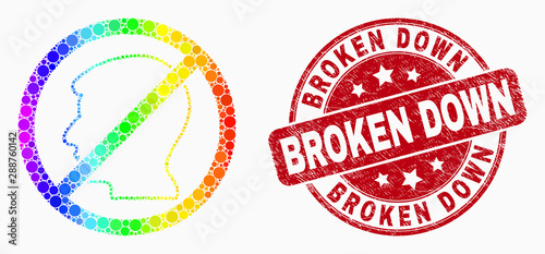 Pixelated bright spectral forbidden user mosaic icon and Broken Down watermark. Red vector round distress seal stamp with Broken Down message. Vector collage in flat style.