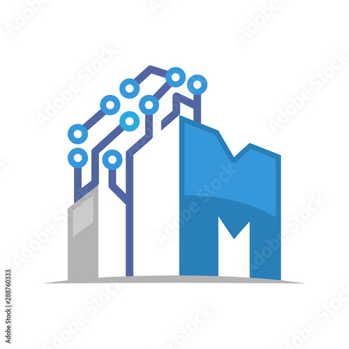 Illustration icon of high-tech building with the initials letter M