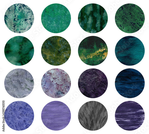 Set of watercolor circles isolated on white. Colored sea textures. Circles in cool colors. Watercolor hand painted illustration for design. Cerulean, cobalt blue, ultramarine elements.