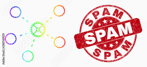 Dotted spectral gear links mosaic pictogram and Spam seal stamp. Red vector round grunge seal stamp with Spam caption. Vector collage in flat style.