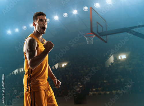 Professional basketball player on floodlit arena celebrates championship