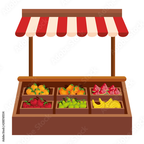 group of fresh fruits in wooden kiosk