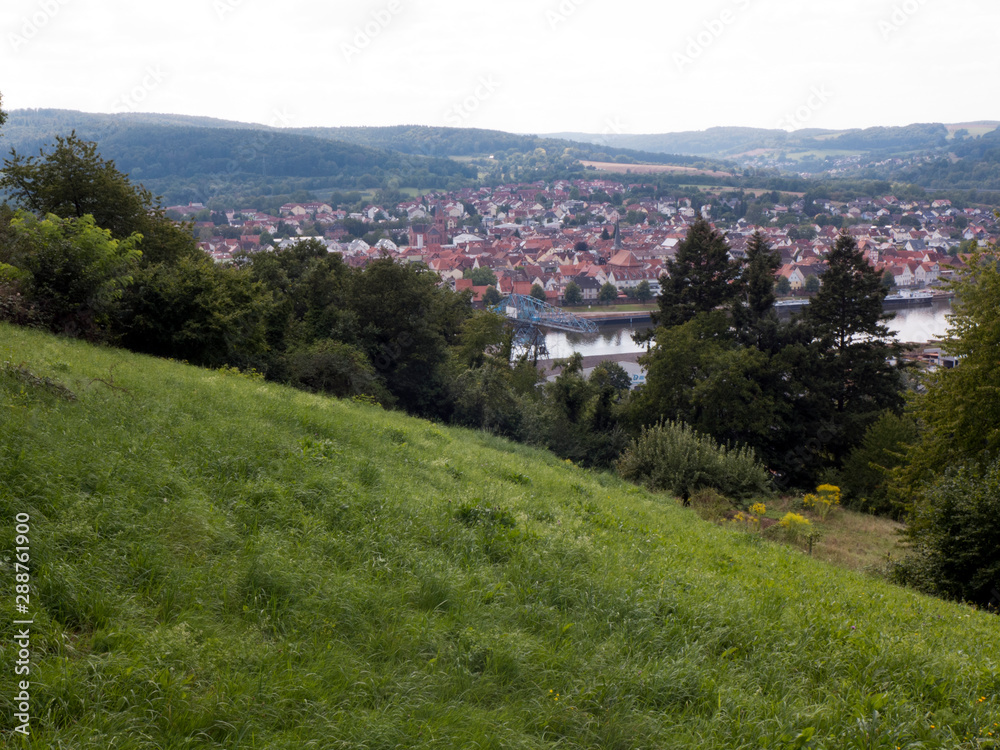 Wanderung auf dem Fränkischen Rotwein Wanderweg von Erlenbach über Klingenberg nach Miltenberg. Der Weg führt durch Weinberge und Wiesen. Im Tal sieht man den Fluss Main und die Stadt Wörth am Main.
