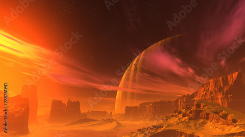 Fantasy alien landscape on a desert planet. A huge moon in a dramatic starry sky. 3D illustration