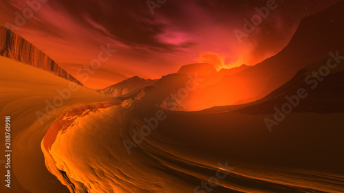 3D illustration of a fantastic sunrise on an alien planet. Dramatic extraterrestrial landscape