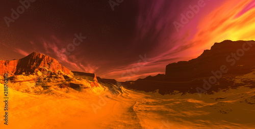 Fantasy alien landscape on a desert planet. 3D illustration