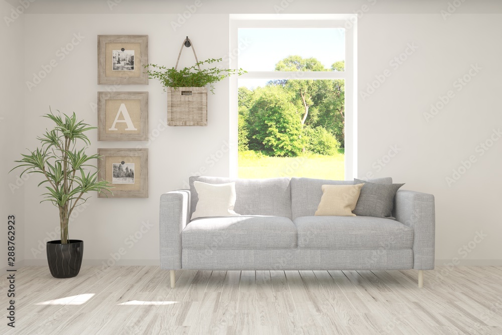 Naklejka premium Stylish room in white color with sofa and summer landscape in window. Scandinavian interior design. 3D illustration