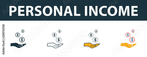 Personal Income icon set. Four elements in diferent styles from personal finance icons collection. Creative personal income icons filled, outline, colored and flat symbols