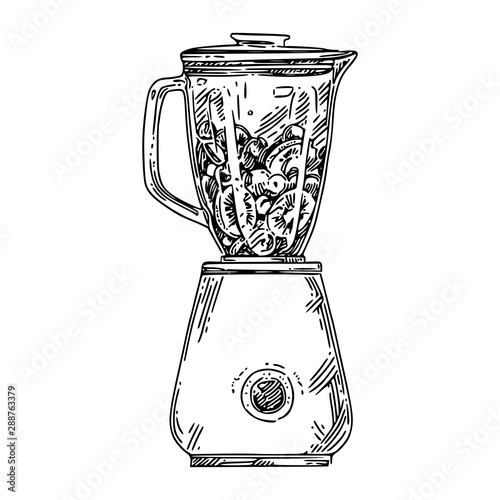 Blender with fruit. Sketch. Engraving style. Vector illustration.