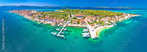 Colorful archipelago of Krapanj island aerial panoramic view