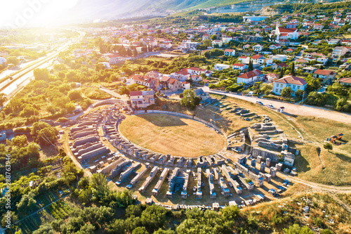 Ancient Salona or Solin amphitheater aerial sunset view