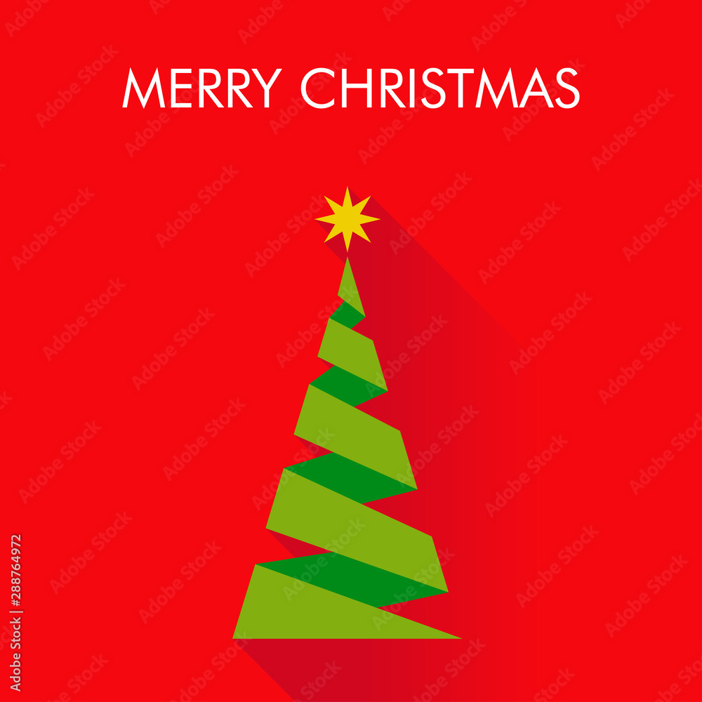 Logotipo con texto Merry Christmas con árbol abstracto como origami con sombra en fondo rojo Logotipo con texto Merry Christmas con árbol abstracto como origami con sombra en fondo rojo