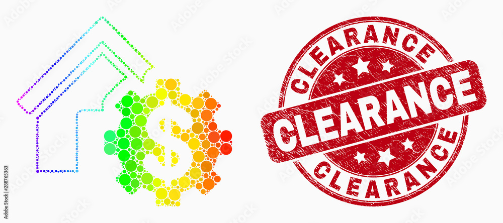 Dotted spectral house financial settings mosaic icon and Clearance seal. Red vector rounded scratched watermark with Clearance caption. Vector combination in flat style.