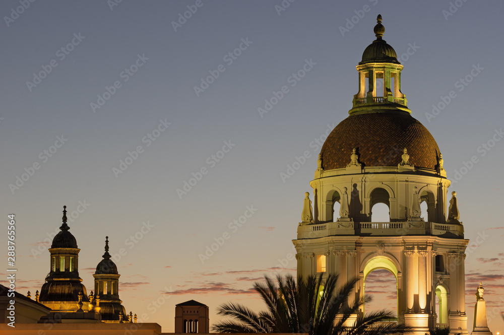 Image of the Pasadena City Hall at twilight against natural and artificial light.