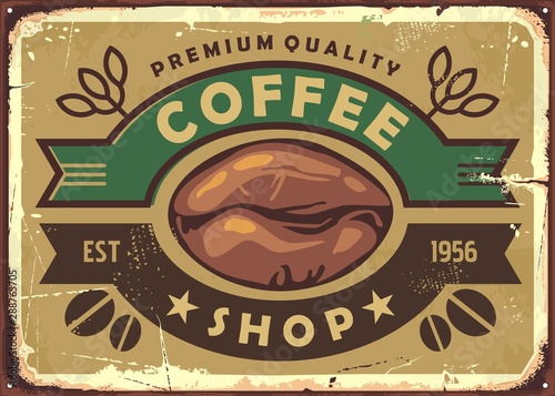 Coffee shop vintage old sign post with coffee bean and ribbon ornaments. Retro vector illustration.