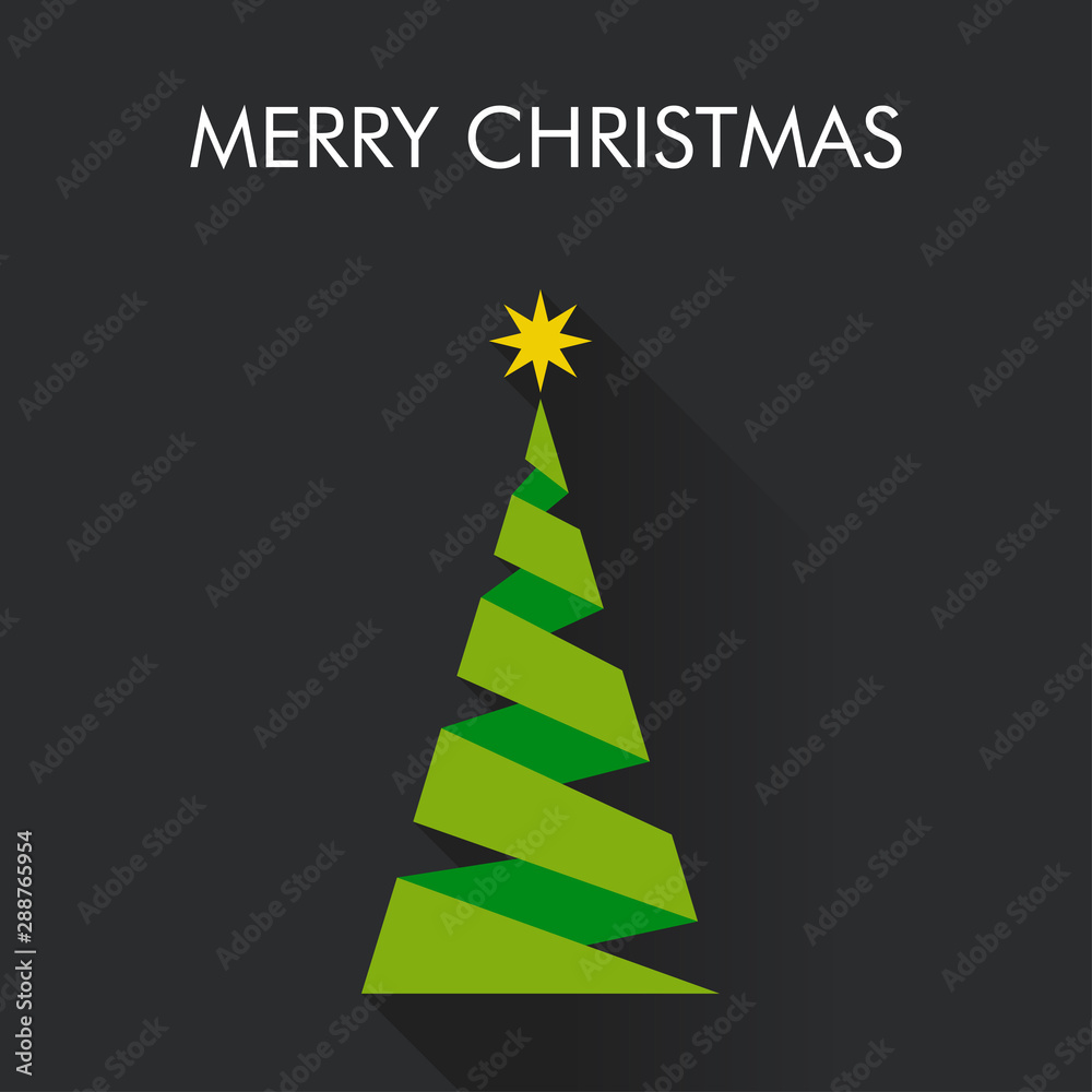 Logotipo con texto Merry Christmas con árbol abstracto como origami con sombra en fondo gris