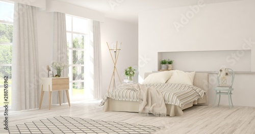 Stylish bedroom in white color. Scandinavian interior design. 3D illustration © AntonSh