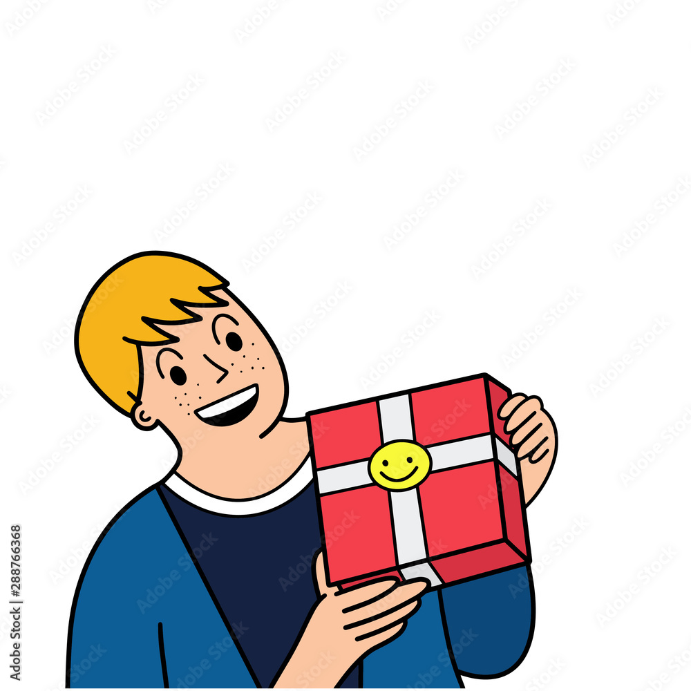 Cute boy holding a gift box. vector illustration of a flat design Cute boy holding a gift box. vector illustration of a flat design