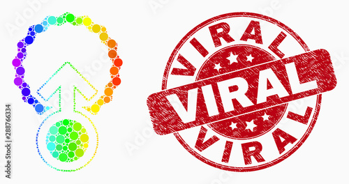 Pixel rainbow gradiented insemination mosaic pictogram and Viral seal stamp. Red vector rounded grunge stamp with Viral text. Vector collage in flat style.