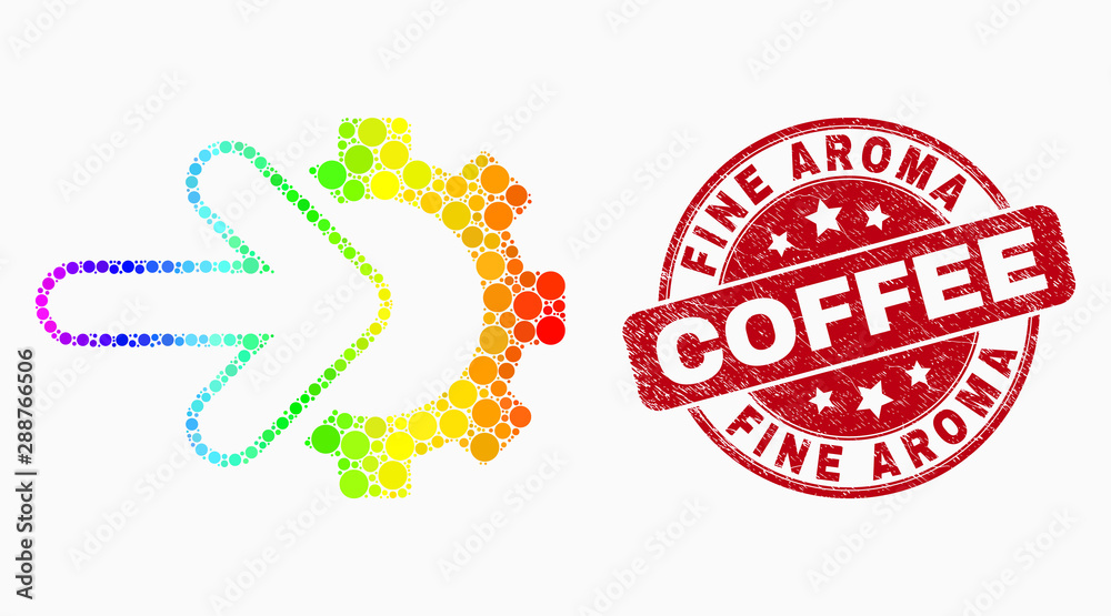 Dotted spectral integration gear mosaic icon and Fine Aroma Coffee seal. Red vector rounded scratched watermark with Fine Aroma Coffee title. Vector composition in flat style. Dotted spectral integration gear mosaic icon and Fine Aroma Coffee seal. Red vector rounded scratched watermark with Fine Aroma Coffee title. Vector composition in flat style.