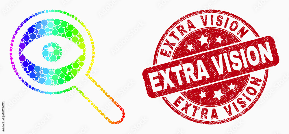 Obraz premium Pixel rainbow gradiented investigate mosaic icon and Extra Vision watermark. Red vector rounded grunge watermark with Extra Vision message. Vector collage in flat style.