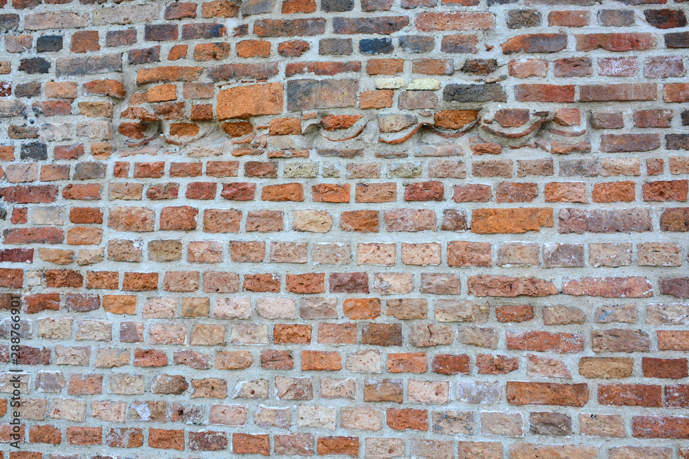 Fototapeta premium Empty old brick wall texture. Painted problematic wall surfaces. Rough. Grunge, stone, background. Abstract web banner.