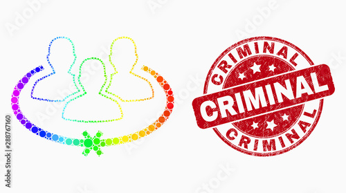 Dot spectrum jailed persons mosaic icon and Criminal stamp. Red vector rounded scratched seal stamp with Criminal text. Vector collage in flat style.