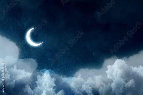 Night picture with bright moon above clouds at starry sky. Fototapet