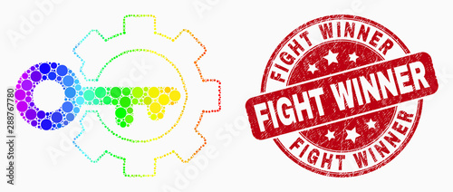 Dotted bright spectral key options gear mosaic icon and Fight Winner seal stamp. Red vector rounded textured seal with Fight Winner message. Vector collage in flat style.